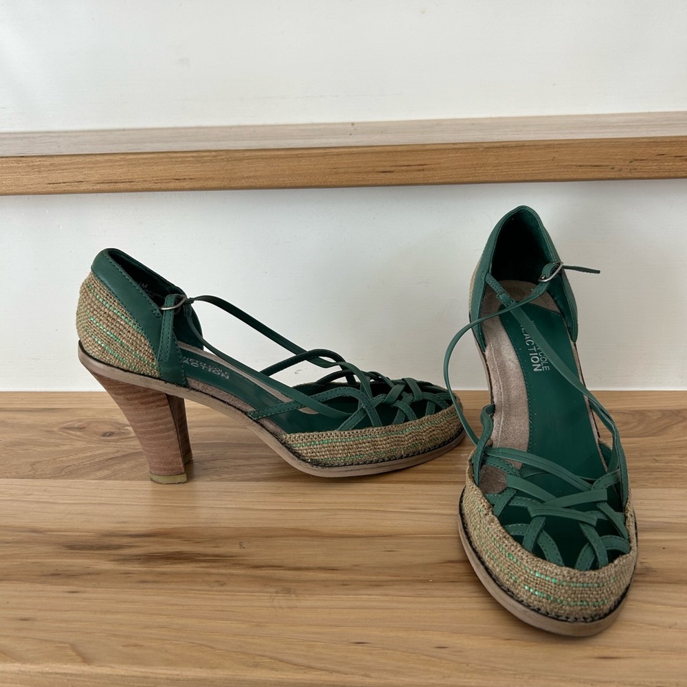 Green Woven Heeled Sandals
